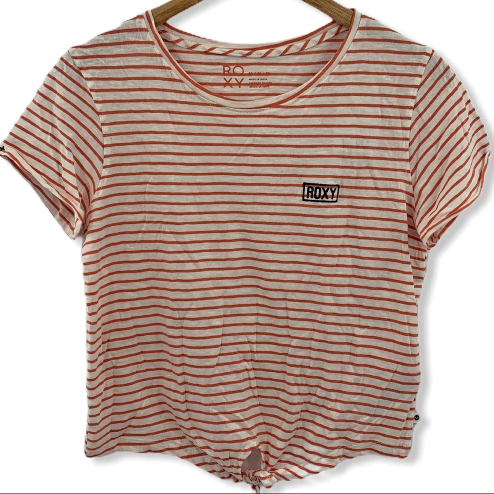 Roxy Tie Front Orange Stripe Short Sleeve Tee Med